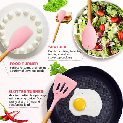 Caliamary Silicone Kitchen Utensil Set, 11 Pieces Cooking Utensil with Wooden Handles, Utensils Holder for Nonstick Cookware, Spoons, Soup Ladle, Slotted Turner, Whisk, Tongs, Brush, Pasta Server