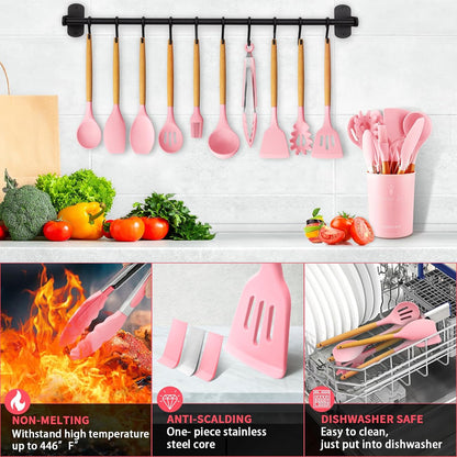 Caliamary Silicone Kitchen Utensil Set, 11 Pieces Cooking Utensil with Wooden Handles, Utensils Holder for Nonstick Cookware, Spoons, Soup Ladle, Slotted Turner, Whisk, Tongs, Brush, Pasta Server