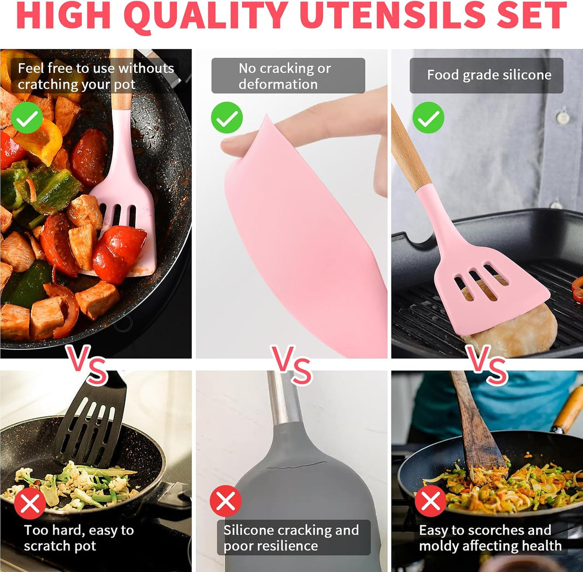 Caliamary Silicone Kitchen Utensil Set, 11 Pieces Cooking Utensil with Wooden Handles, Utensils Holder for Nonstick Cookware, Spoons, Soup Ladle, Slotted Turner, Whisk, Tongs, Brush, Pasta Server