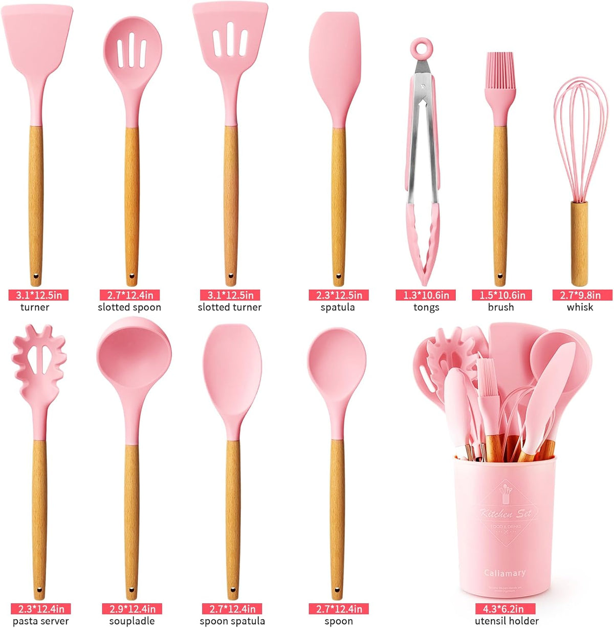 Caliamary Silicone Kitchen Utensil Set, 11 Pieces Cooking Utensil with Wooden Handles, Utensils Holder for Nonstick Cookware, Spoons, Soup Ladle, Slotted Turner, Whisk, Tongs, Brush, Pasta Server