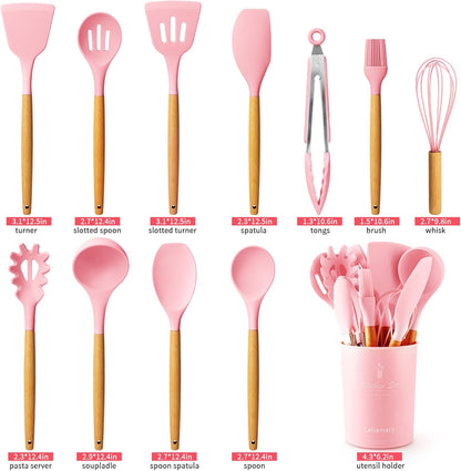 Caliamary Silicone Kitchen Utensil Set, 11 Pieces Cooking Utensil with Wooden Handles, Utensils Holder for Nonstick Cookware, Spoons, Soup Ladle, Slotted Turner, Whisk, Tongs, Brush, Pasta Server