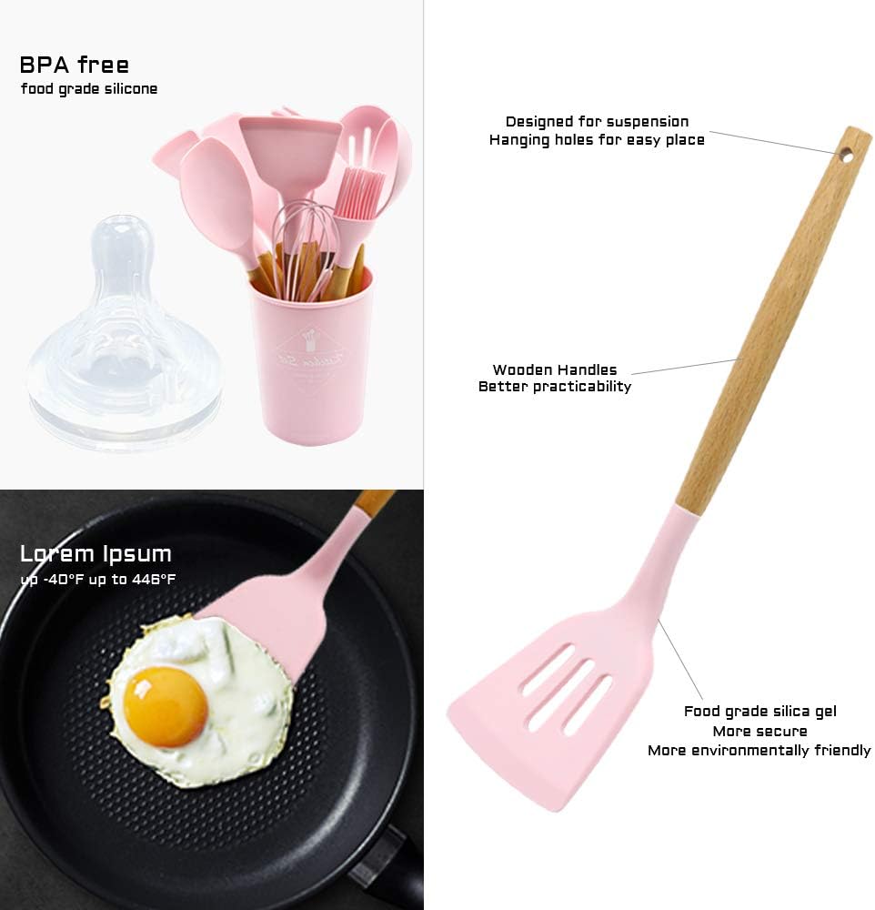Caliamary Silicone Kitchen Utensil Set, 11 Pieces Cooking Utensil with Wooden Handles, Utensils Holder for Nonstick Cookware, Spoons, Soup Ladle, Slotted Turner, Whisk, Tongs, Brush, Pasta Server