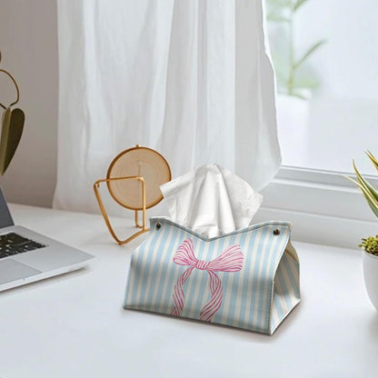 Pink Coastal Bow Striped Tissue Box Cover,Coastal Granddaughter Aesthetic Trendy Decorative Tissue Holder,Aesthetic Coastal Tissue Box Cover for Girls Dorm Room Beach Bedroom Bathroom 9.8x5.9x7In