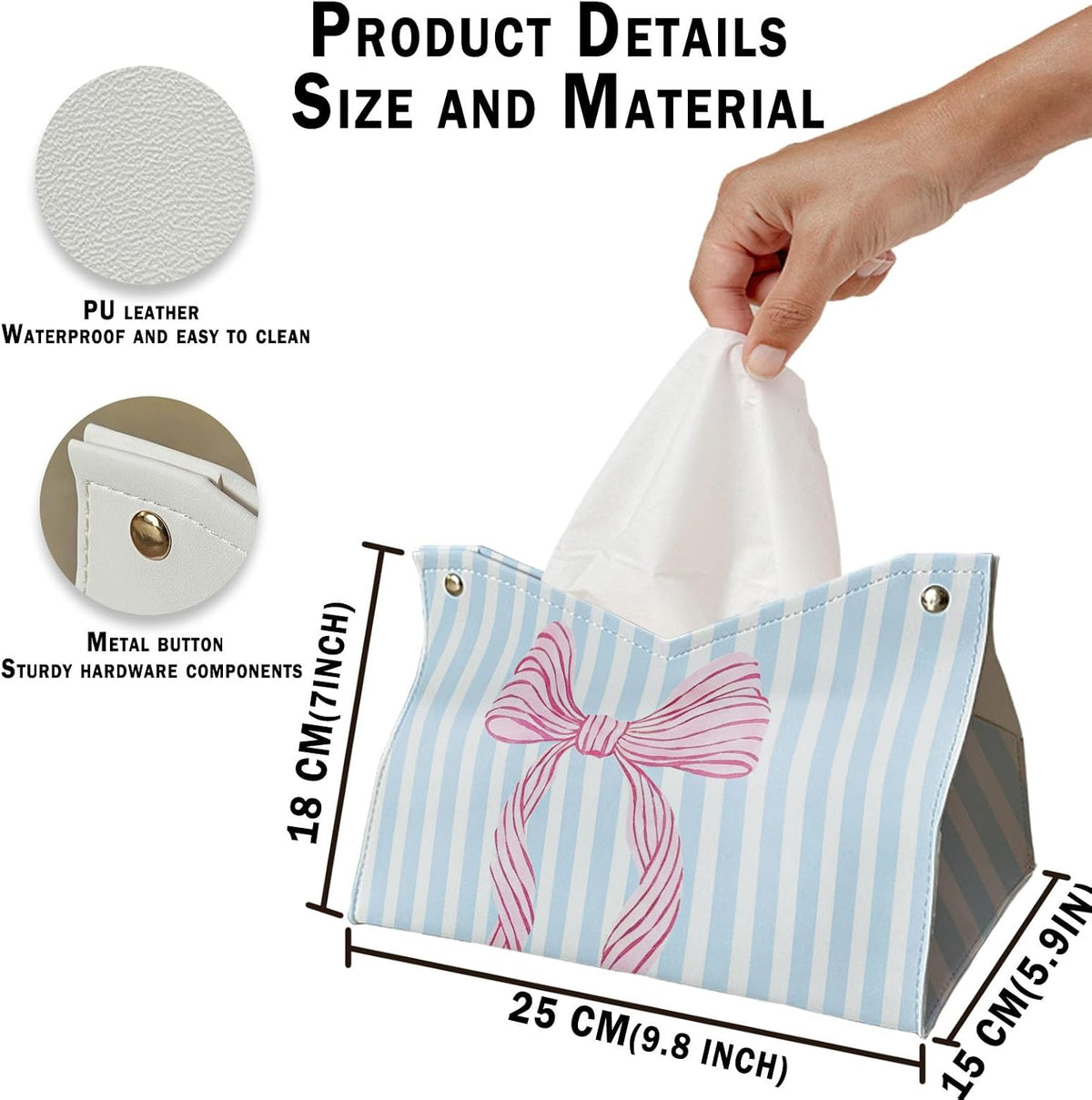 Pink Coastal Bow Striped Tissue Box Cover,Coastal Granddaughter Aesthetic Trendy Decorative Tissue Holder,Aesthetic Coastal Tissue Box Cover for Girls Dorm Room Beach Bedroom Bathroom 9.8x5.9x7In
