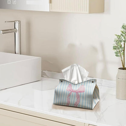 Pink Coastal Bow Striped Tissue Box Cover,Coastal Granddaughter Aesthetic Trendy Decorative Tissue Holder,Aesthetic Coastal Tissue Box Cover for Girls Dorm Room Beach Bedroom Bathroom 9.8x5.9x7In