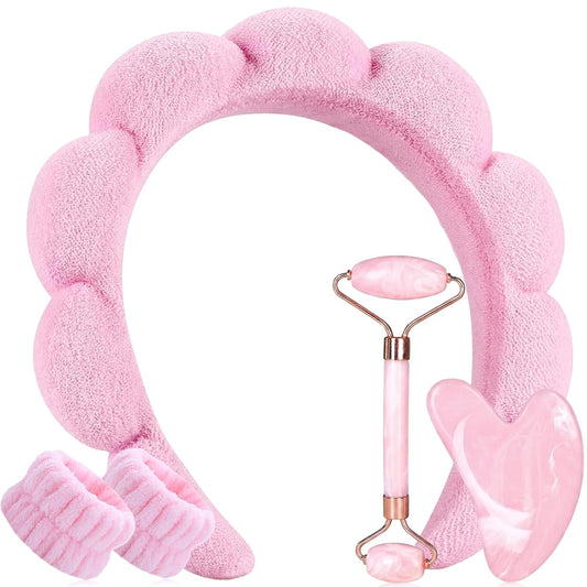 Spa Headbands for Washing Face or Facial & Wristband & Gua Sha & Jade Roller Facial Tools Set for Women, Puffy Makeup Washing, Mask, Skin Treatment, Gift (Pink 5Pcs)