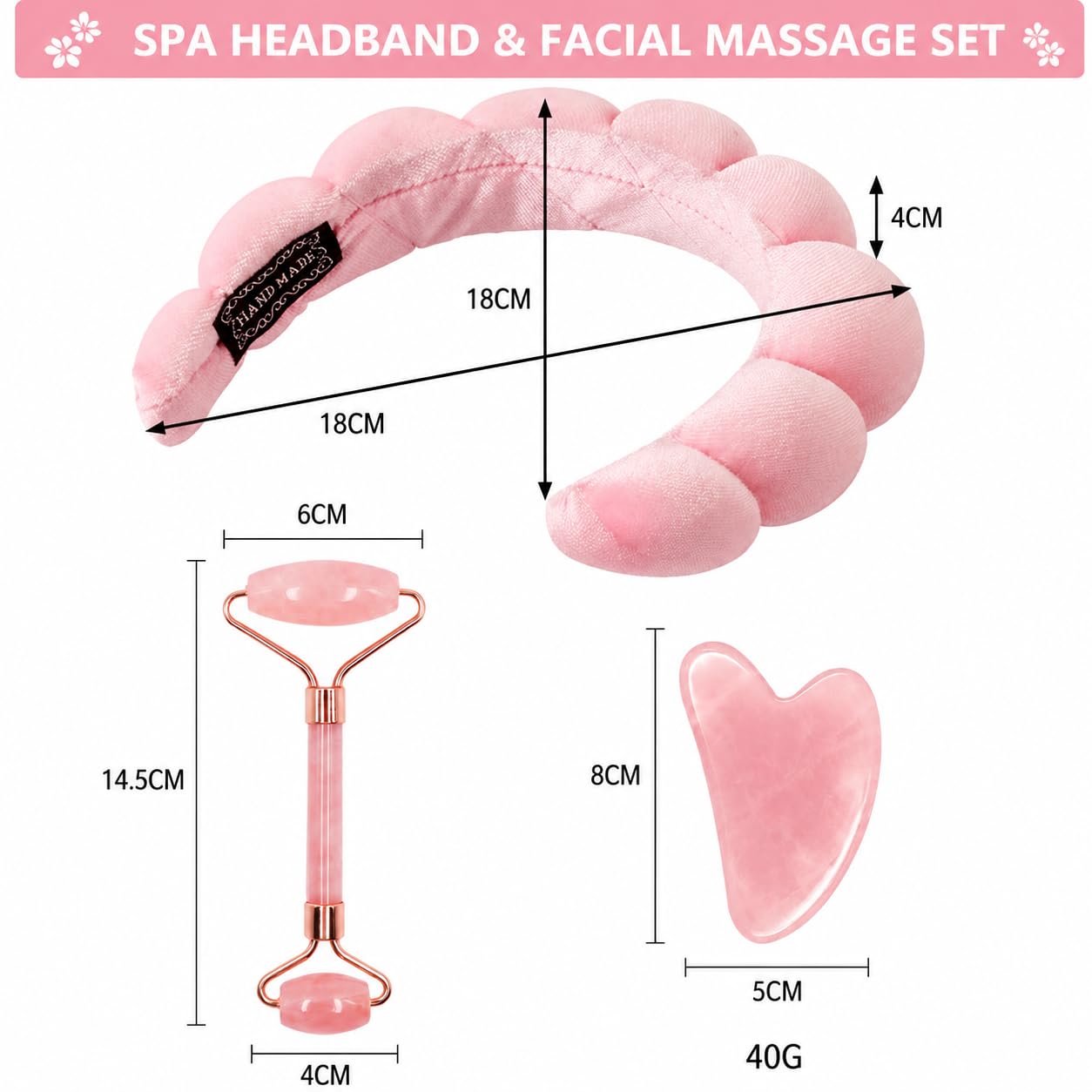 Spa Headbands for Washing Face or Facial & Wristband & Gua Sha & Jade Roller Facial Tools Set for Women, Puffy Makeup Washing, Mask, Skin Treatment, Gift (Pink 5Pcs)