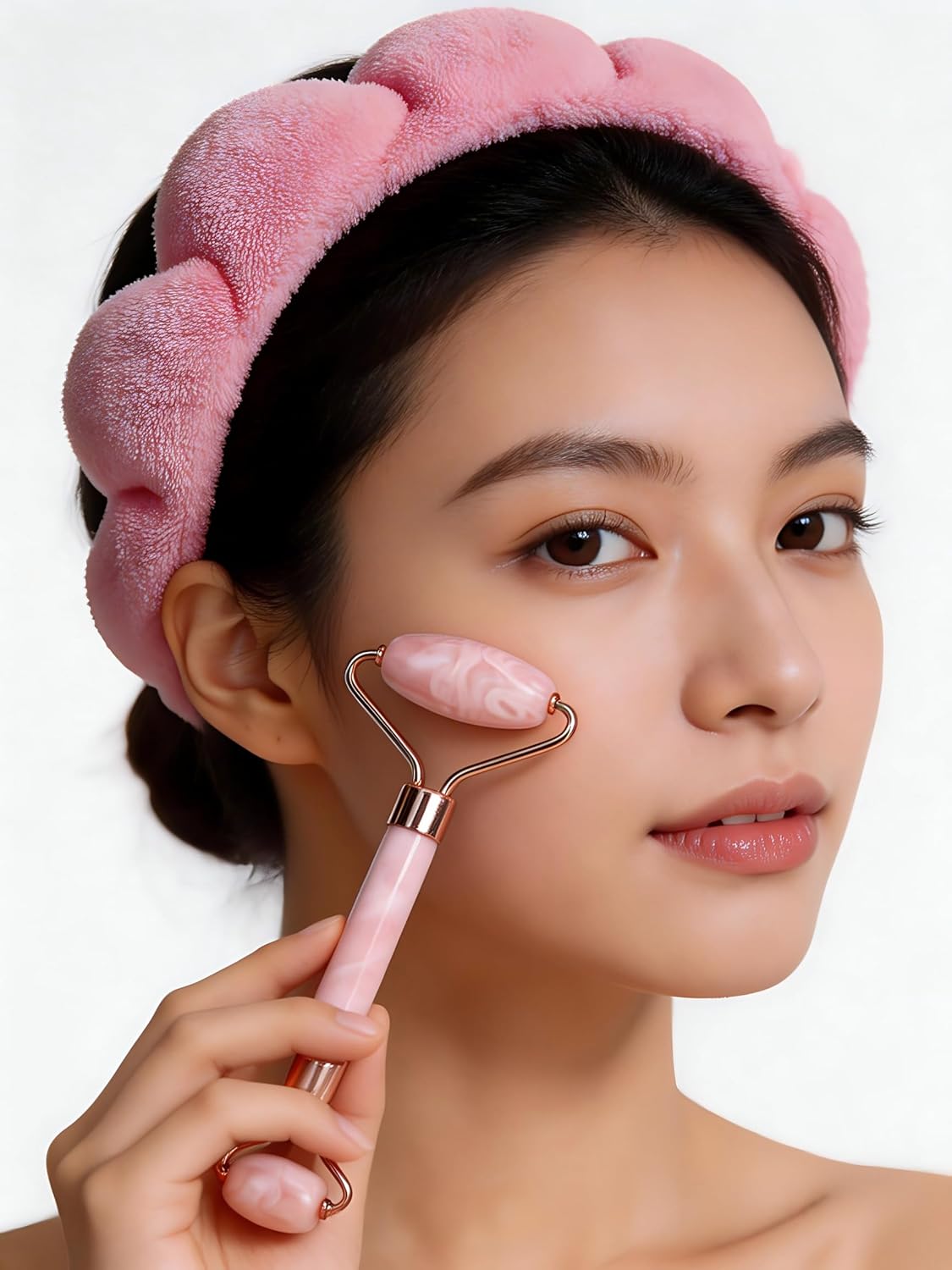 Spa Headbands for Washing Face or Facial & Wristband & Gua Sha & Jade Roller Facial Tools Set for Women, Puffy Makeup Washing, Mask, Skin Treatment, Gift (Pink 5Pcs)