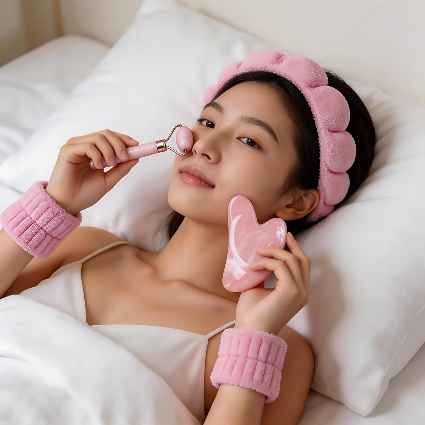 Spa Headbands for Washing Face or Facial & Wristband & Gua Sha & Jade Roller Facial Tools Set for Women, Puffy Makeup Washing, Mask, Skin Treatment, Gift (Pink 5Pcs)
