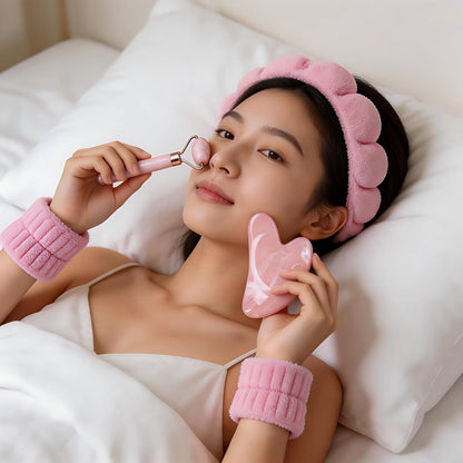 Spa Headbands for Washing Face or Facial & Wristband & Gua Sha & Jade Roller Facial Tools Set for Women, Puffy Makeup Washing, Mask, Skin Treatment, Gift (Pink 5Pcs)