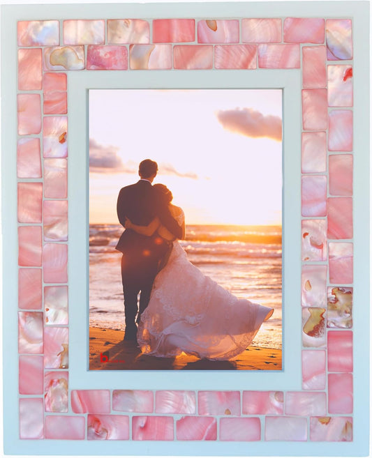 Wedding Picture Frame 5x7 Pink Mother of Pearl Glass