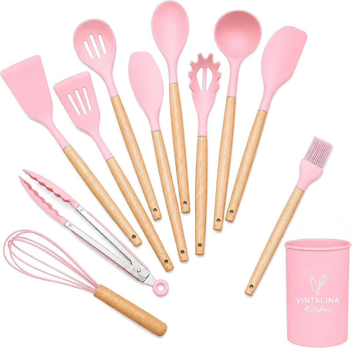 Silicone Cooking Utensils Kitchen Utensil Set - 446°F Heat Resistant Silicone Kitchen Utensils Set, Spatula,Turner Tongs, Spoon, Whisk,Kitchen Gadgets for Nonstick Cookware, BPA Free (Pink)