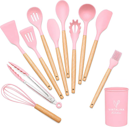 Silicone Cooking Utensils Kitchen Utensil Set - 446°F Heat Resistant Silicone Kitchen Utensils Set, Spatula,Turner Tongs, Spoon, Whisk,Kitchen Gadgets for Nonstick Cookware, BPA Free (Pink)