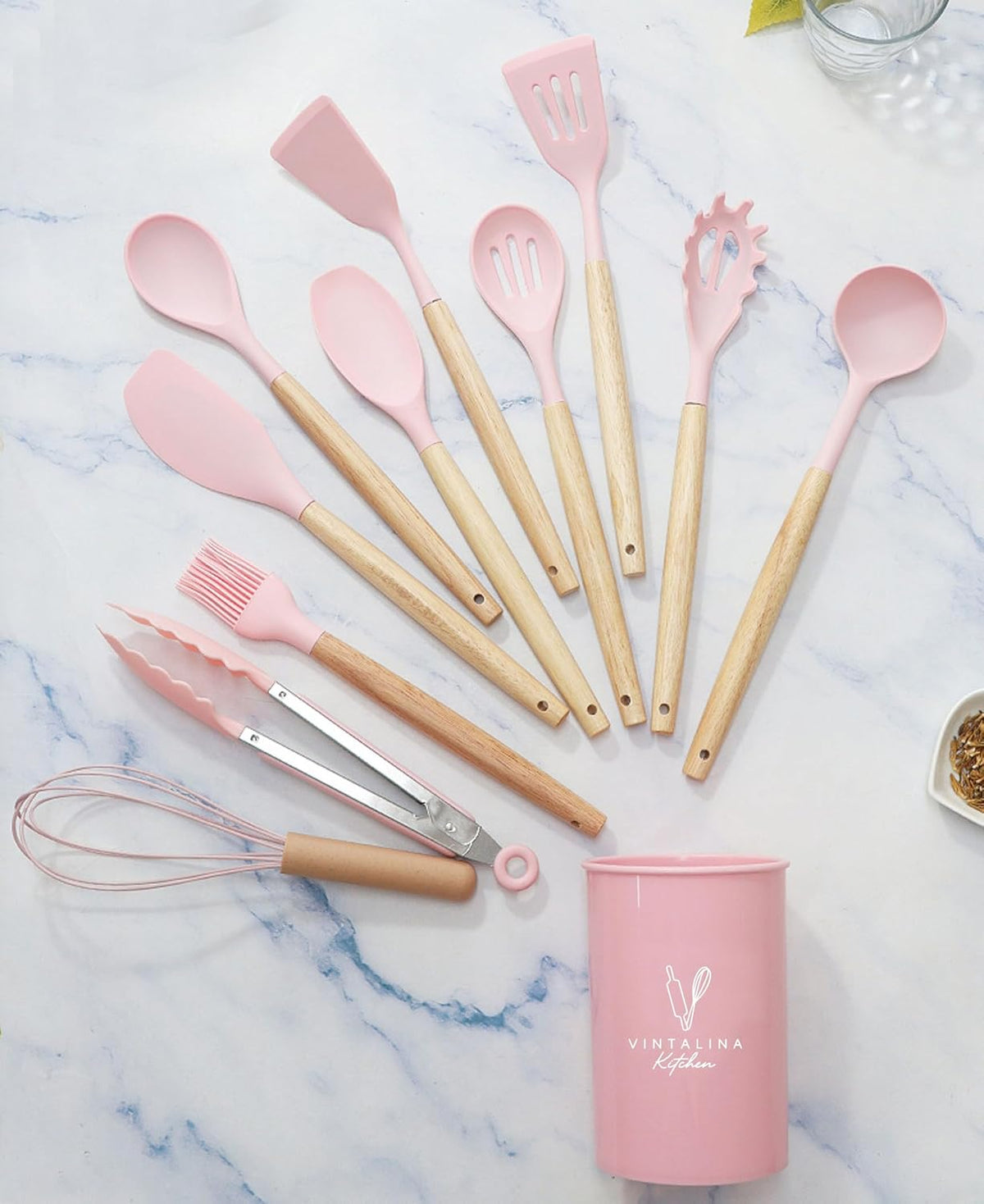 Silicone Cooking Utensils Kitchen Utensil Set - 446°F Heat Resistant Silicone Kitchen Utensils Set, Spatula,Turner Tongs, Spoon, Whisk,Kitchen Gadgets for Nonstick Cookware, BPA Free (Pink)