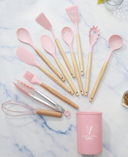 Silicone Cooking Utensils Kitchen Utensil Set - 446°F Heat Resistant Silicone Kitchen Utensils Set, Spatula,Turner Tongs, Spoon, Whisk,Kitchen Gadgets for Nonstick Cookware, BPA Free (Pink)