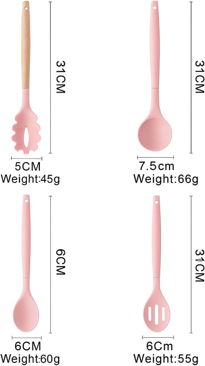 Silicone Cooking Utensils Kitchen Utensil Set - 446°F Heat Resistant Silicone Kitchen Utensils Set, Spatula,Turner Tongs, Spoon, Whisk,Kitchen Gadgets for Nonstick Cookware, BPA Free (Pink)