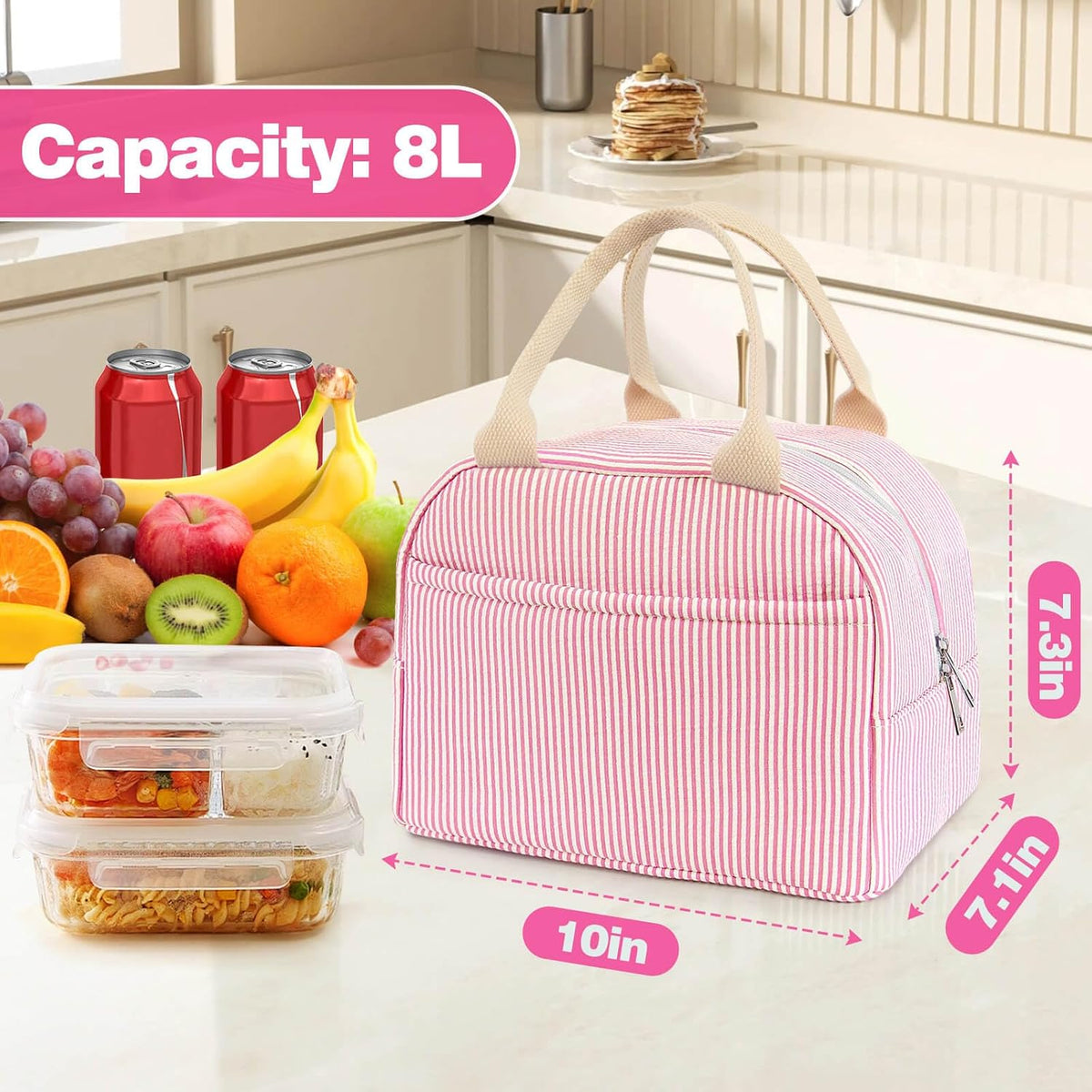 Lunch Bag For Women, Cooler Insulated Lunch Box Pink Stripe