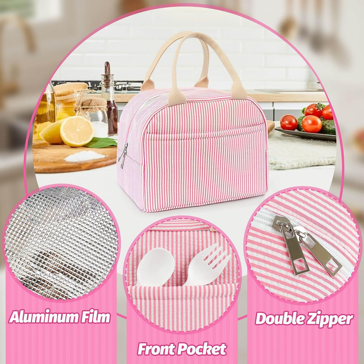 Lunch Bag For Women, Cooler Insulated Lunch Box Pink Stripe