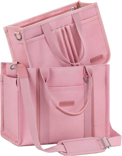 Women’s Canvas Tote Bag with Zipper and Compartments – Multi-Pocket Laptop Work Crossbody Shoulder Tote Purse