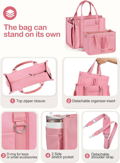 Women’s Canvas Tote Bag with Zipper and Compartments – Multi-Pocket Laptop Work Crossbody Shoulder Tote Purse
