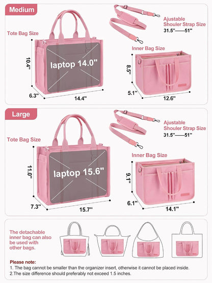 Women’s Canvas Tote Bag with Zipper and Compartments – Multi-Pocket Laptop Work Crossbody Shoulder Tote Purse