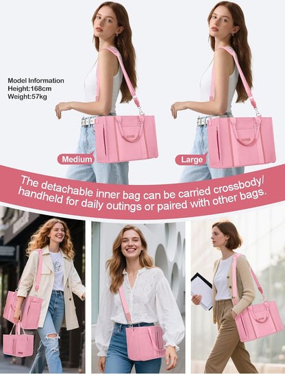 Women’s Canvas Tote Bag with Zipper and Compartments – Multi-Pocket Laptop Work Crossbody Shoulder Tote Purse