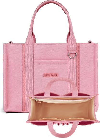 Women’s Canvas Tote Bag with Zipper and Compartments – Multi-Pocket Laptop Work Crossbody Shoulder Tote Purse