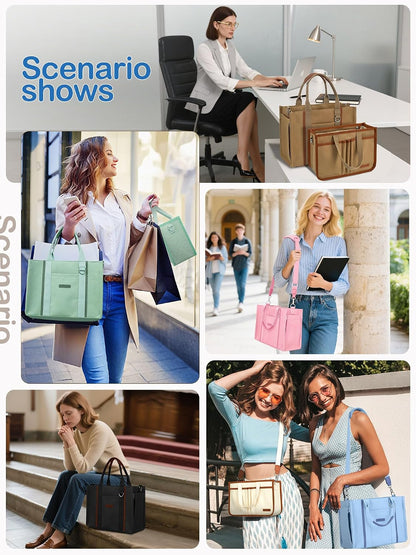 Women’s Canvas Tote Bag with Zipper and Compartments – Multi-Pocket Laptop Work Crossbody Shoulder Tote Purse