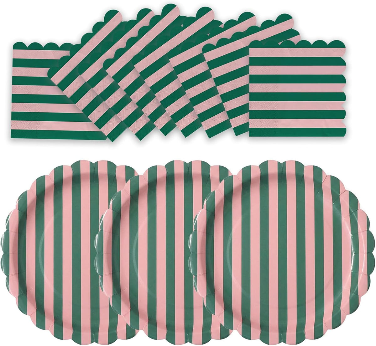50 PCS Pink Green Striped Scalloped Paper Plates and Napkins, 9 Inch Disposable Dinner Plates for Summer Pool Party, Birthday, Picnic, Preppy Coastal Party Decorations