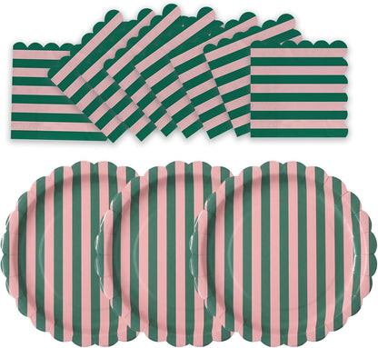 50 PCS Pink Green Striped Scalloped Paper Plates and Napkins, 9 Inch Disposable Dinner Plates for Summer Pool Party, Birthday, Picnic, Preppy Coastal Party Decorations