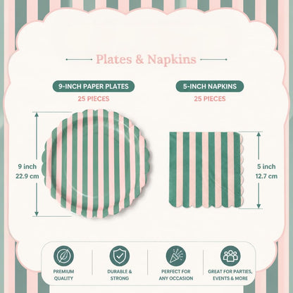 50 PCS Pink Green Striped Scalloped Paper Plates and Napkins, 9 Inch Disposable Dinner Plates for Summer Pool Party, Birthday, Picnic, Preppy Coastal Party Decorations