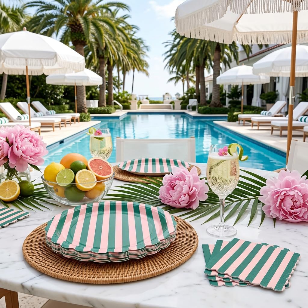 50 PCS Pink Green Striped Scalloped Paper Plates and Napkins, 9 Inch Disposable Dinner Plates for Summer Pool Party, Birthday, Picnic, Preppy Coastal Party Decorations