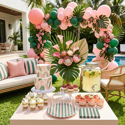 50 PCS Pink Green Striped Scalloped Paper Plates and Napkins, 9 Inch Disposable Dinner Plates for Summer Pool Party, Birthday, Picnic, Preppy Coastal Party Decorations
