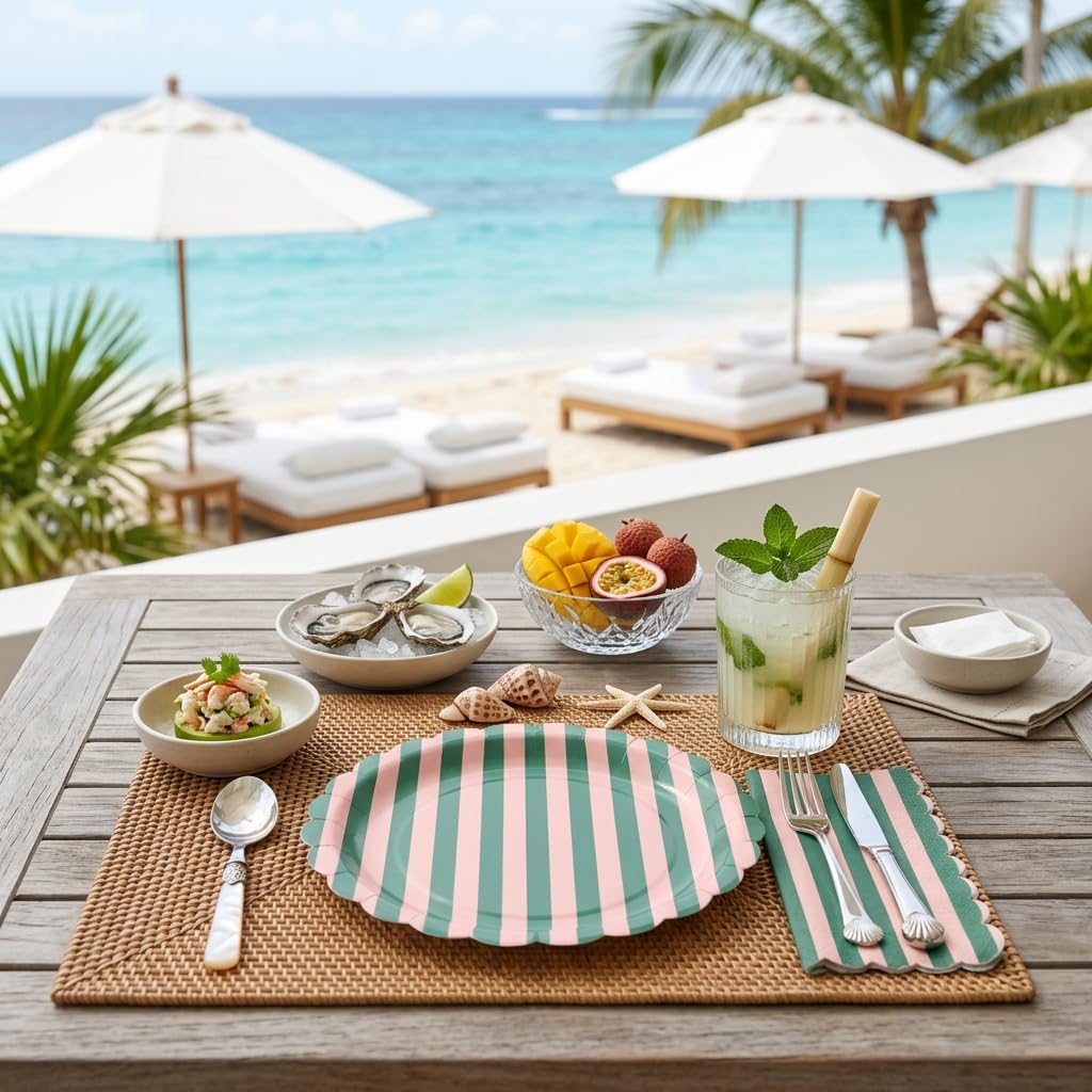 50 PCS Pink Green Striped Scalloped Paper Plates and Napkins, 9 Inch Disposable Dinner Plates for Summer Pool Party, Birthday, Picnic, Preppy Coastal Party Decorations