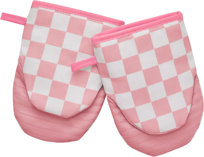 Pink Checkered Mini Oven Mitts Heat Resistant, Vintage Retro Checkerboard Mini Silicone Oven Mitts Cute, Non-Slip Small Short Kitchen Oven Gloves Set of 2