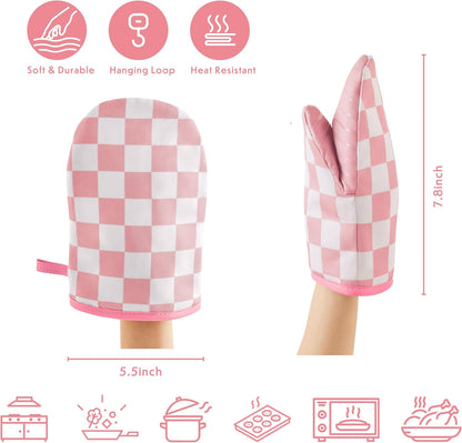 Pink Checkered Mini Oven Mitts Heat Resistant, Vintage Retro Checkerboard Mini Silicone Oven Mitts Cute, Non-Slip Small Short Kitchen Oven Gloves Set of 2