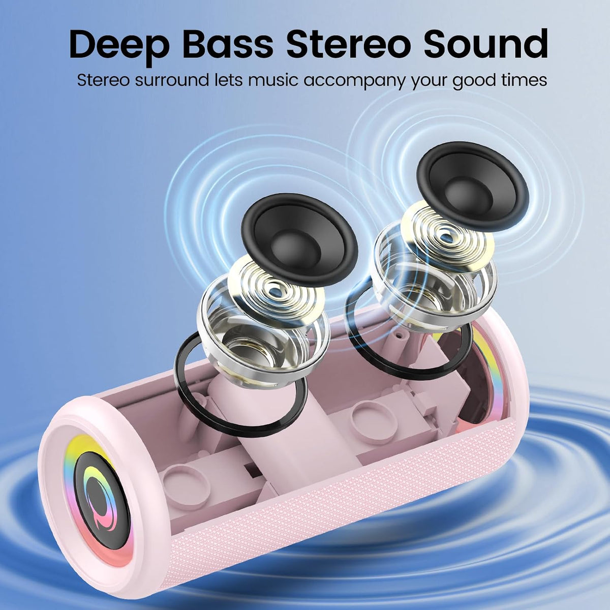 Portable Bluetooth Speaker, 2026 Bluetooth 5.4 Wireless Speaker with 20W HD Loud Stereo Sound, 20H Playtime, LED Lights, IP7, TWS Pairing, Built-in Mic, for Outdoor, Home, Beach, Party, Gift, Pink