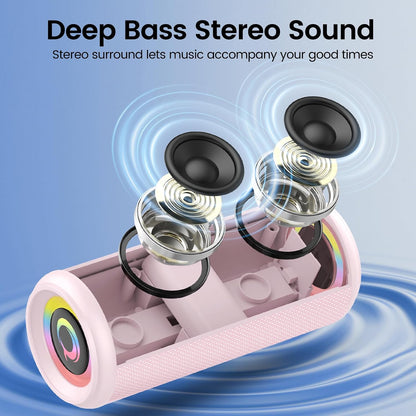 Portable Bluetooth Speaker, 2026 Bluetooth 5.4 Wireless Speaker with 20W HD Loud Stereo Sound, 20H Playtime, LED Lights, IP7, TWS Pairing, Built-in Mic, for Outdoor, Home, Beach, Party, Gift, Pink