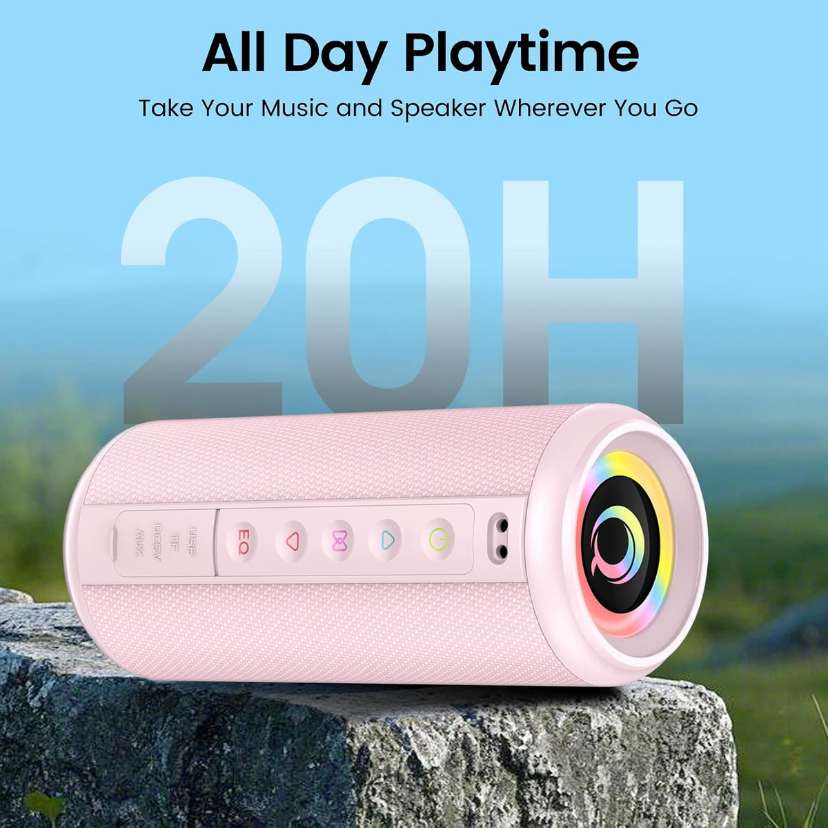 Portable Bluetooth Speaker, 2026 Bluetooth 5.4 Wireless Speaker with 20W HD Loud Stereo Sound, 20H Playtime, LED Lights, IP7, TWS Pairing, Built-in Mic, for Outdoor, Home, Beach, Party, Gift, Pink