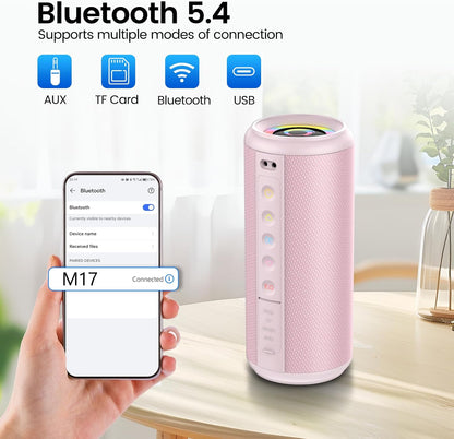 Portable Bluetooth Speaker, 2026 Bluetooth 5.4 Wireless Speaker with 20W HD Loud Stereo Sound, 20H Playtime, LED Lights, IP7, TWS Pairing, Built-in Mic, for Outdoor, Home, Beach, Party, Gift, Pink