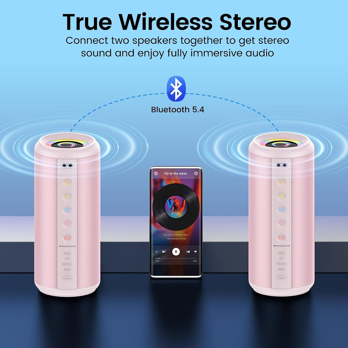 Portable Bluetooth Speaker, 2026 Bluetooth 5.4 Wireless Speaker with 20W HD Loud Stereo Sound, 20H Playtime, LED Lights, IP7, TWS Pairing, Built-in Mic, for Outdoor, Home, Beach, Party, Gift, Pink
