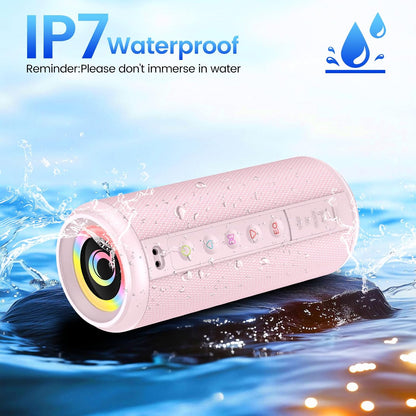 Portable Bluetooth Speaker, 2026 Bluetooth 5.4 Wireless Speaker with 20W HD Loud Stereo Sound, 20H Playtime, LED Lights, IP7, TWS Pairing, Built-in Mic, for Outdoor, Home, Beach, Party, Gift, Pink