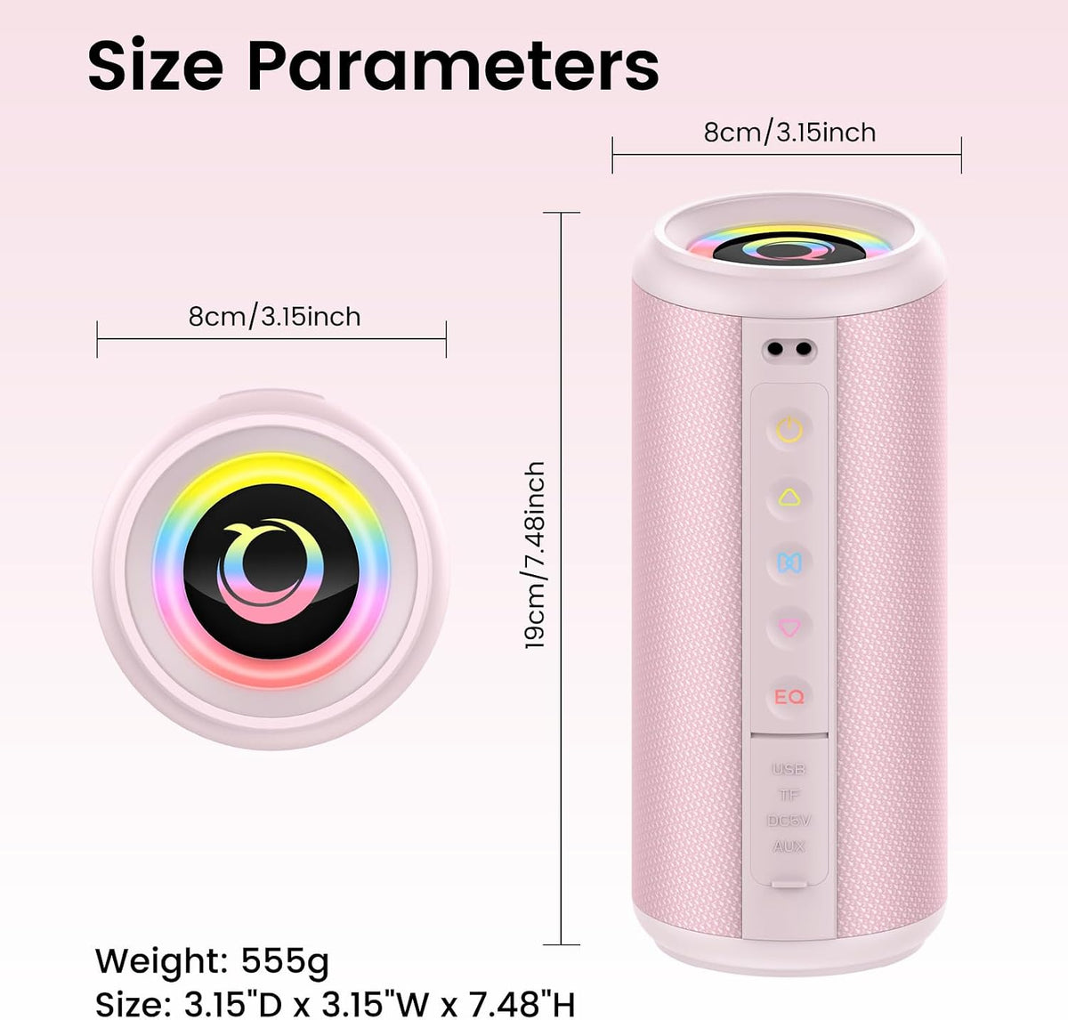 Portable Bluetooth Speaker, 2026 Bluetooth 5.4 Wireless Speaker with 20W HD Loud Stereo Sound, 20H Playtime, LED Lights, IP7, TWS Pairing, Built-in Mic, for Outdoor, Home, Beach, Party, Gift, Pink