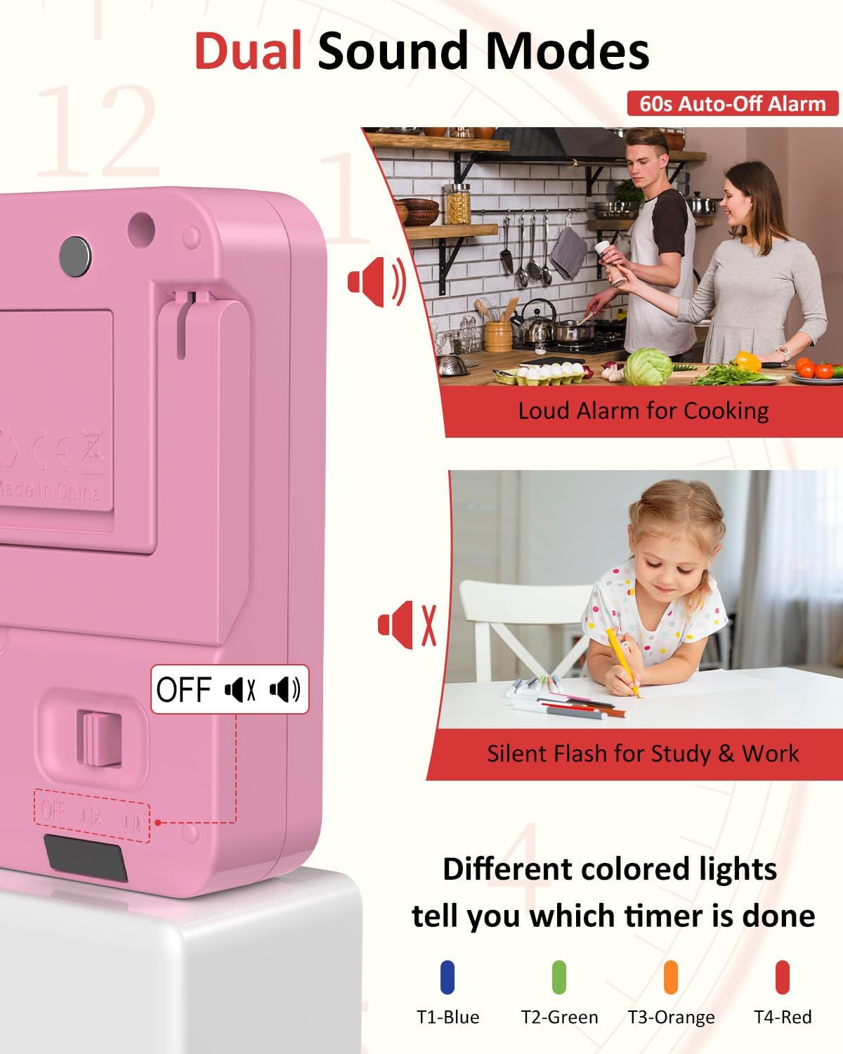 Digital Kitchen Timer with 4 Channel, Loud Alarm and Silent Mode