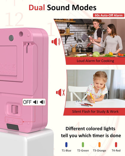 Digital Kitchen Timer with 4 Channel, Loud Alarm and Silent Mode
