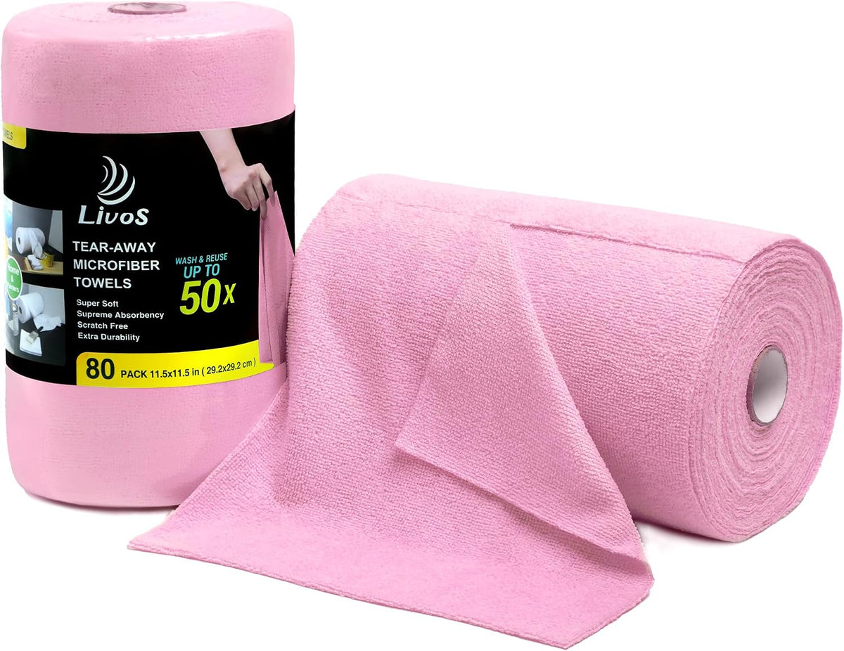 Microfiber Cleaning Cloth Roll - 80 Pack, Reusable Paper Towels Pink Tear Away, Microfiber Towels for Cars, Super Absorbent Lint Free Cleaning Rags for House, Kitchen, Window-11.5"x11.5"