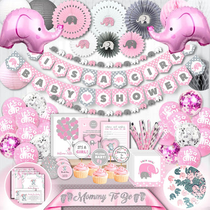 697 Pc Pink Elephant Baby Shower Decorations for Girl - Premium Set