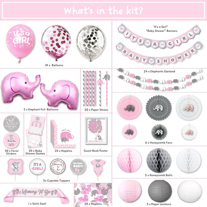 697 Pc Pink Elephant Baby Shower Decorations for Girl - Premium Set