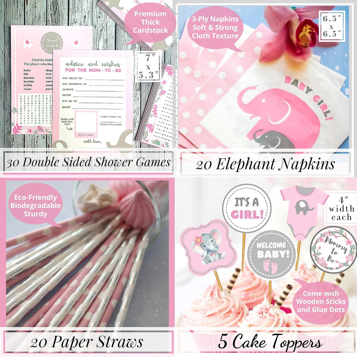 697 Pc Pink Elephant Baby Shower Decorations for Girl - Premium Set