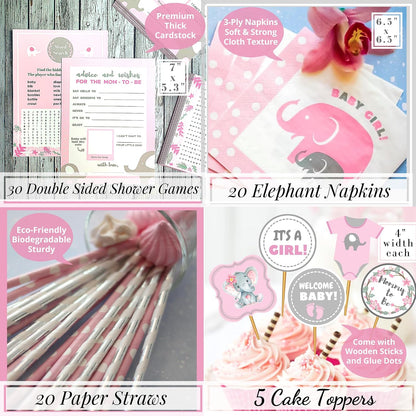 697 Pc Pink Elephant Baby Shower Decorations for Girl - Premium Set
